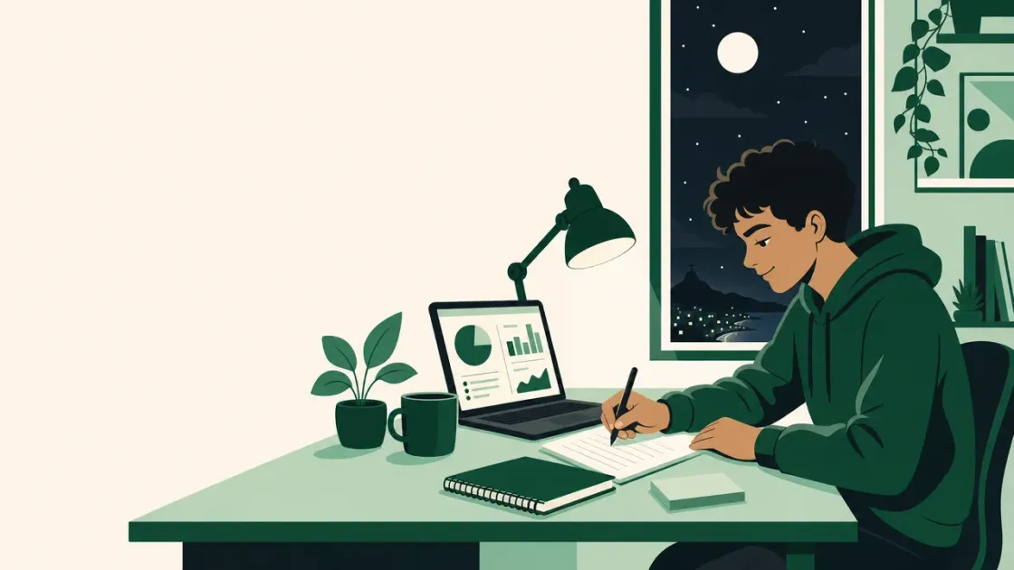 Ilustração: um estudante escreve num caderno diante do notebook, numa mesa com luminária, à noite.