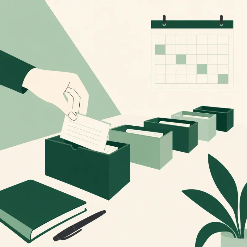 Ilustração: uma mão guarda um cartão numa fila de caixas de fichas, ao lado de um calendário e de um caderno.
