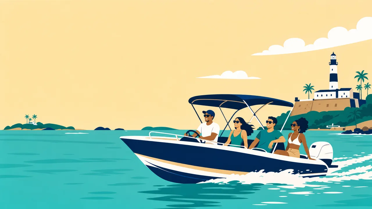 Ilustração: quatro amigos numa lancha com marinheiro, navegando em frente ao Farol da Barra.