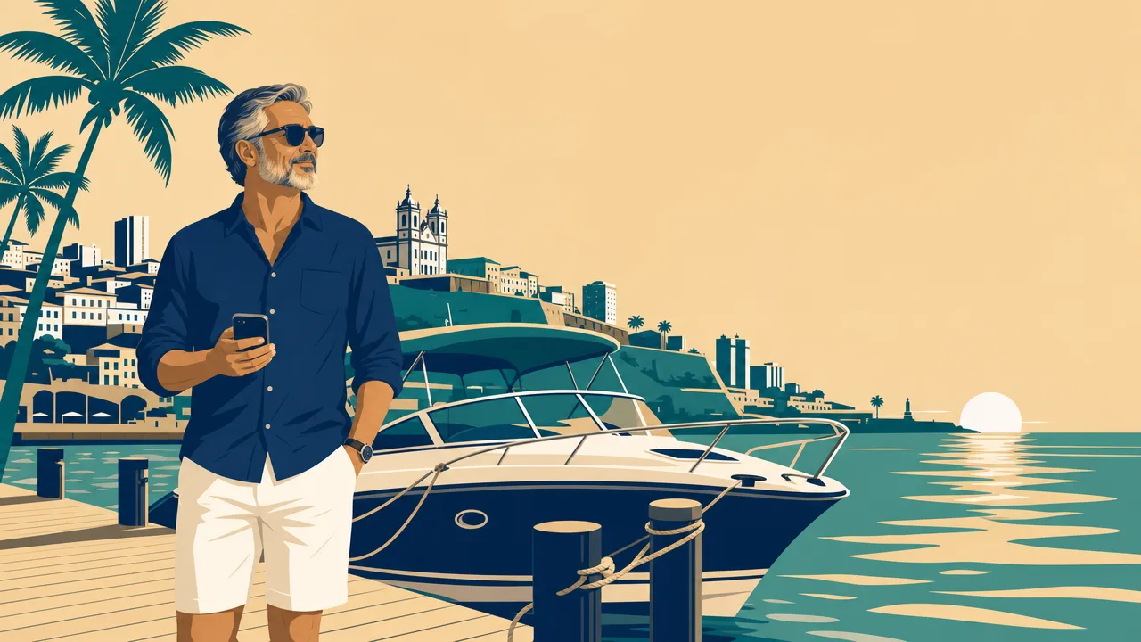 Ilustração: proprietário no píer ao lado da própria lancha, com Salvador ao fundo.